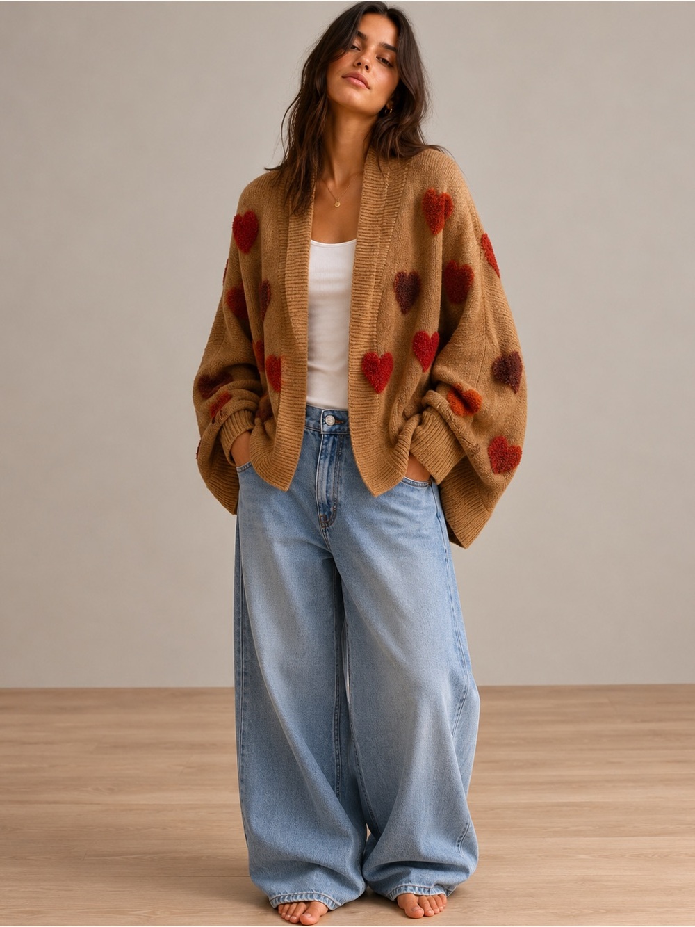 LOOK by M Lightweight Tan Cardigan with Red Heart Detail